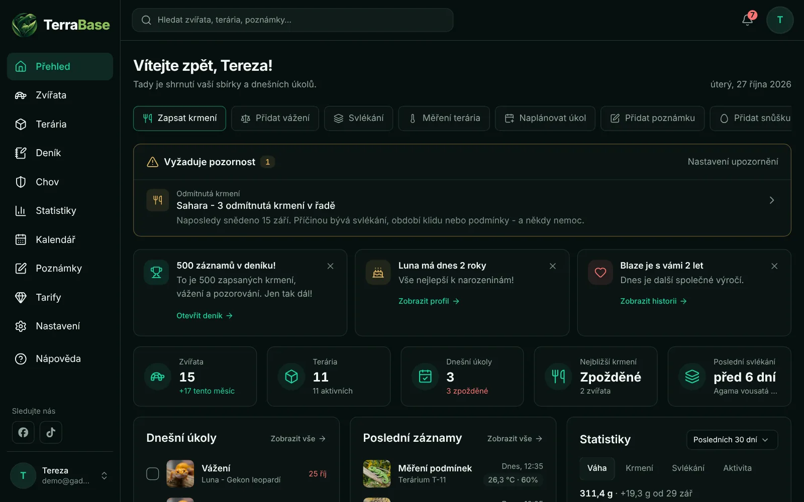 Přehled TerraBase na počítači: rychlé akce, shrnutí sbírky, dnešní úkoly, poslední záznamy a graf hmotnosti