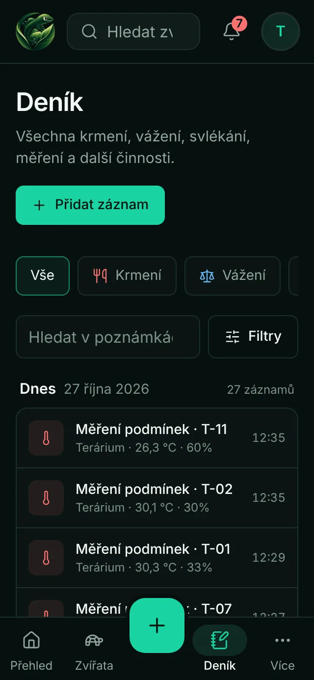 Deník v telefonu: dnešní měření podmínek v teráriích a krmení