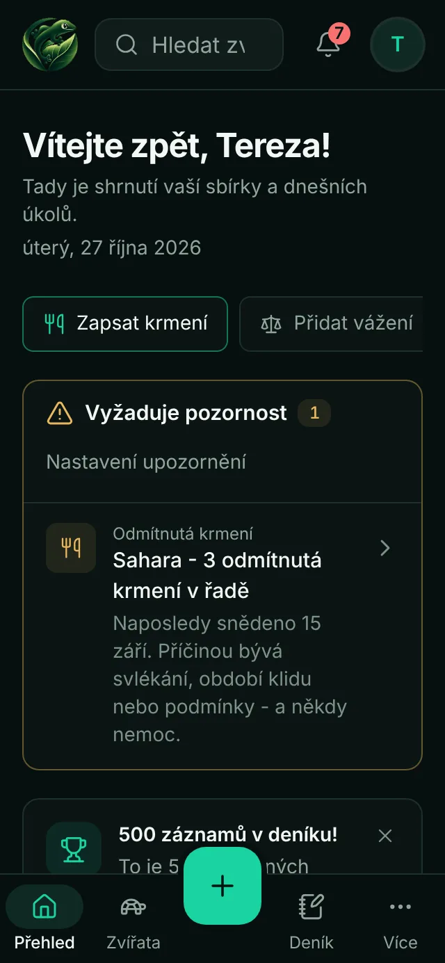 Přehled TerraBase na telefonu: rychlé akce, počet zvířat a terárií, dnešní úkoly
