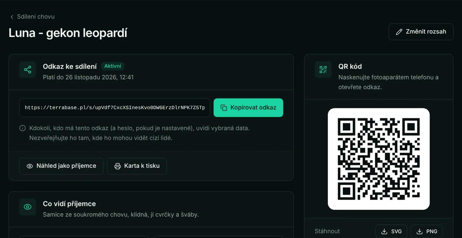 Nastavení odkazu ke sdílení: QR kód, datum platnosti a seznam dat viditelných pro příjemce