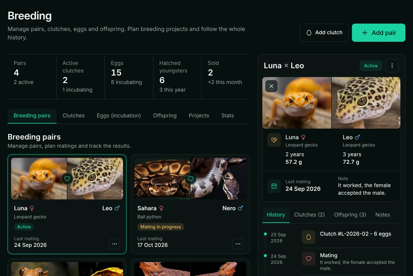 The breeding module: breeding pairs, clutch stats and the timeline of the selected pair