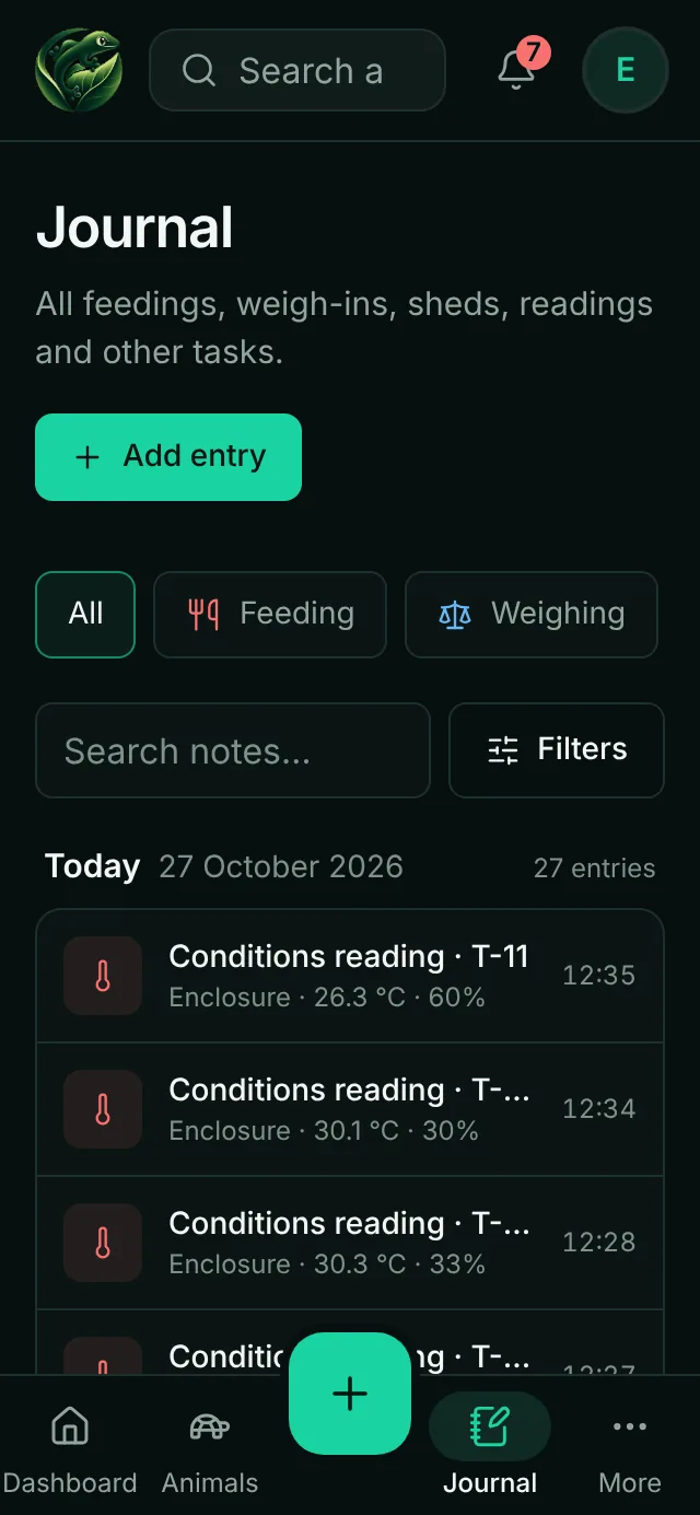 The journal on a phone: today's enclosure readings and feedings