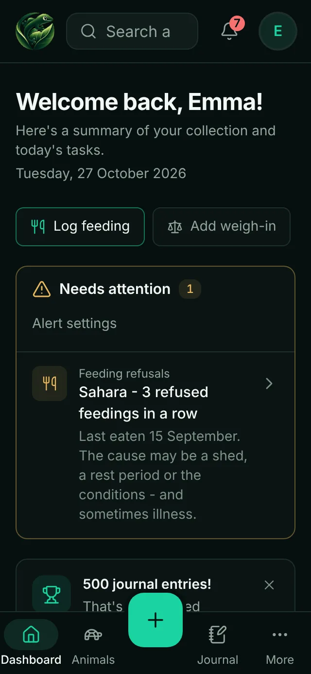 The TerraBase dashboard on a phone: quick actions, number of animals and enclosures, today's tasks