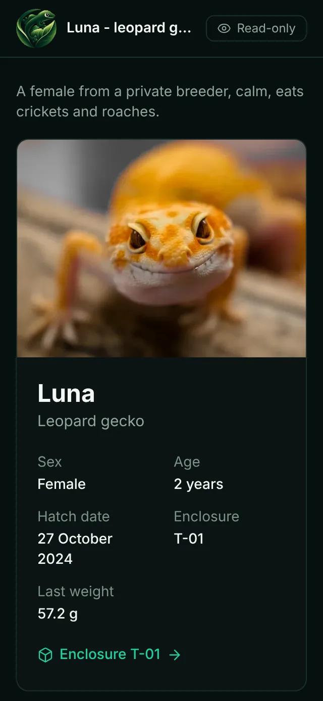 What the link's recipient sees: a read-only leopard gecko profile