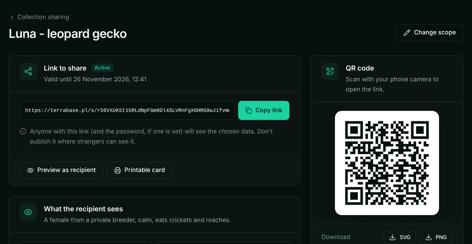 Share link settings: QR code, expiry date and the list of data the recipient can see