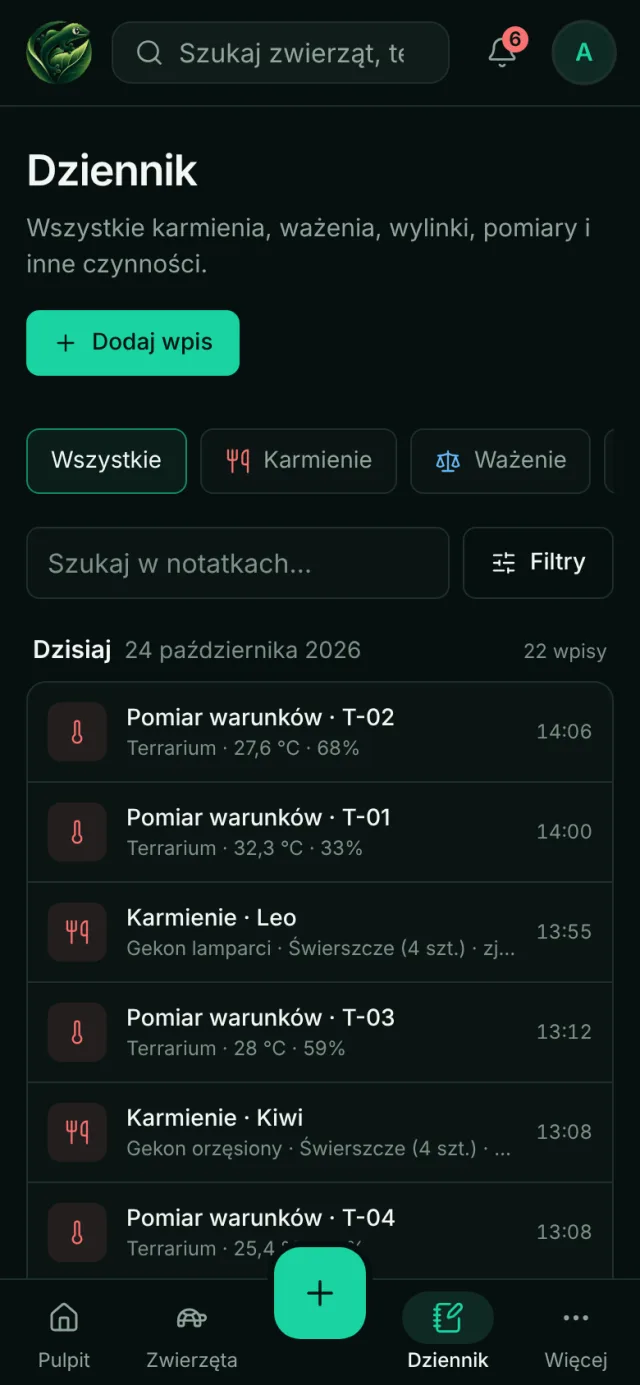 Dziennik na telefonie: dzisiejsze pomiary warunków w terrariach i karmienia
