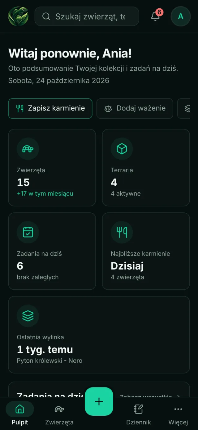 Pulpit TerraBase na telefonie: szybkie akcje, liczba zwierząt i terrariów, zadania na dziś