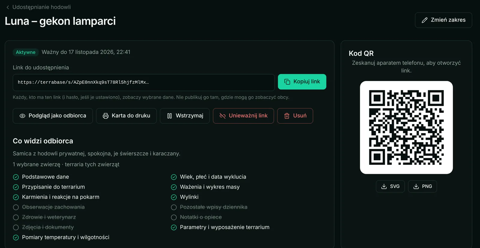 Ustawienia linku udostępniania: kod QR, data ważności i lista danych widocznych dla odbiorcy